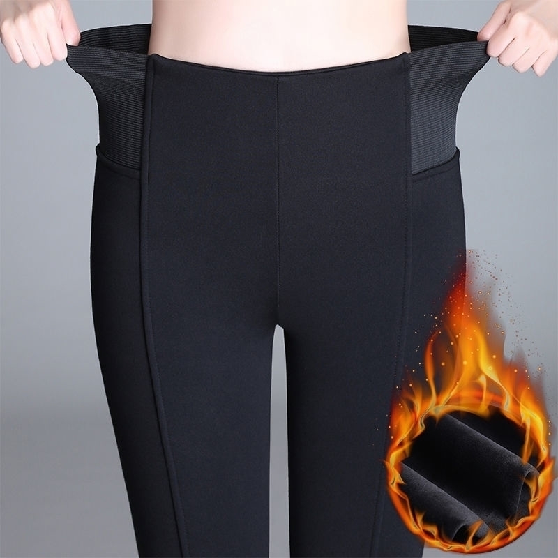 

thick velvet warm high waisted winter pants women fleece elastic waist pants elastic black trousers with high waist skinny fit 201031, Gray