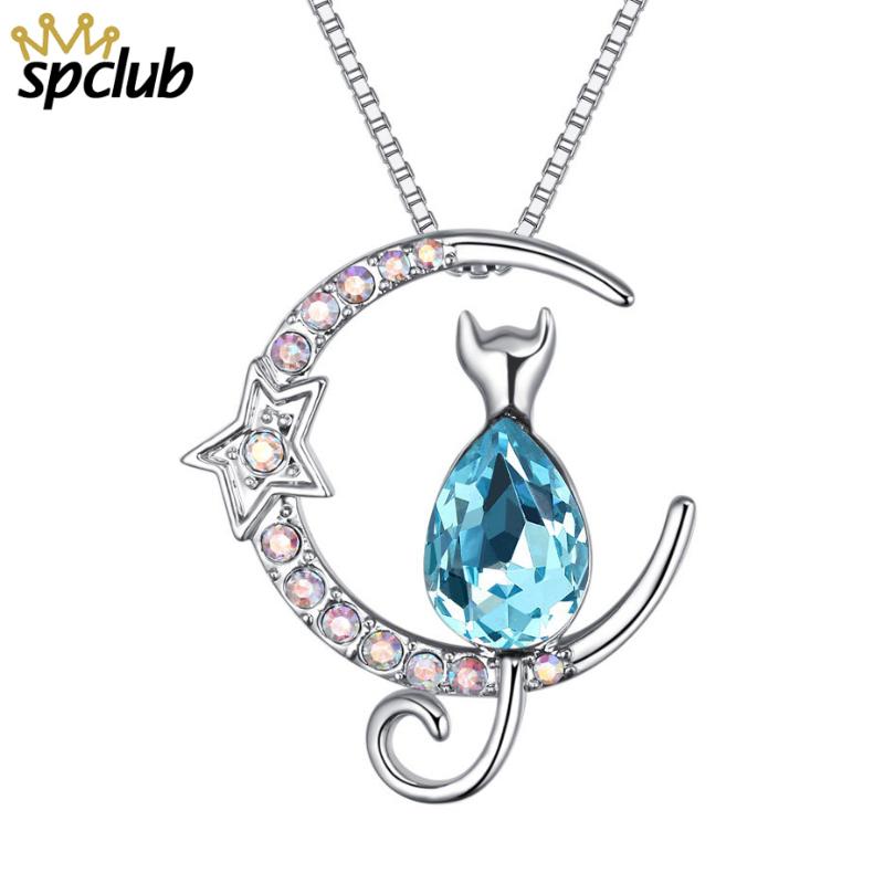 

Crystals From Fashion Cat Moon Pendant Necklace Silver Color Box Chain Necklace For Pet Lucky Jewelry For Women Gift
