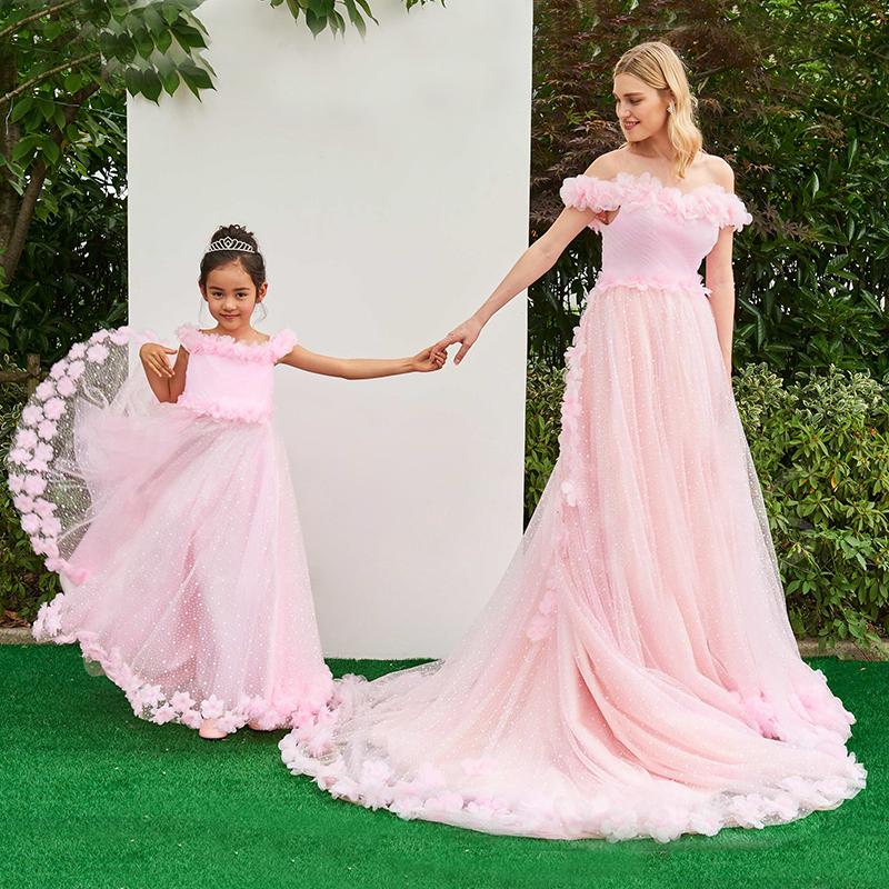 

Mama and Me Mother Daughter Dresses for Wedding Family Parent Children's Birthday Princess's Dress Mom Girls Bridesmaid Dress, Pink