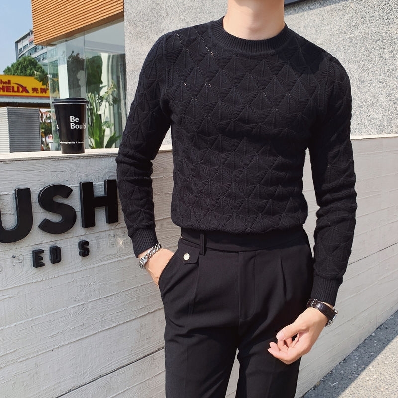 

Male Autumn 2021 New Winter Fine Knitted Hollow-out Sweater Around Neck Custom Youth Men's Clothing J2QK, Yellow.