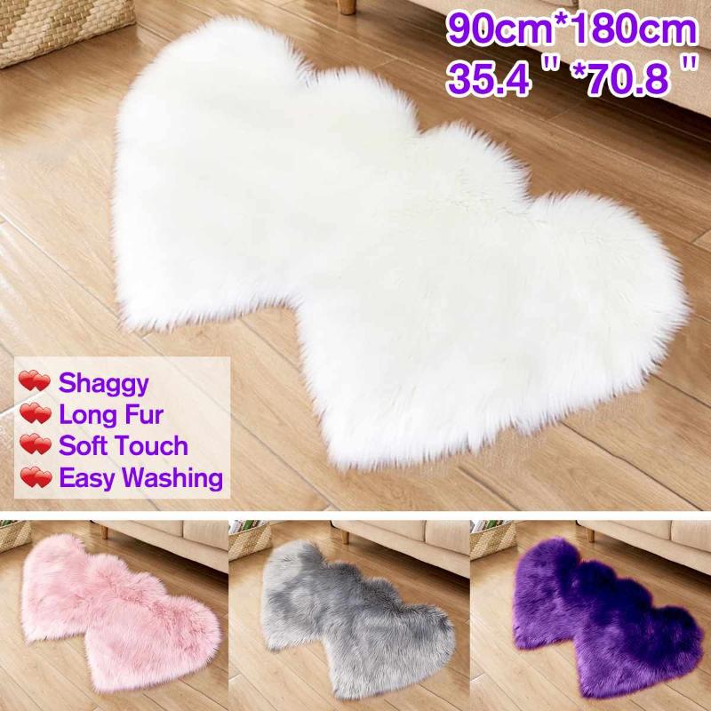 

90x180cm Carpet Rugs Double Heart Artificial Wool Sheepskin Floor Area Rug Shaggy Bedroom Kids Room Faux Fluffy Carpets Mats, Pink