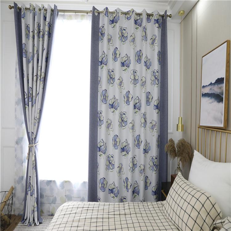 

Print Rich Flower Shade Curtains for Living Dining Room Bedroom, Blue tulle