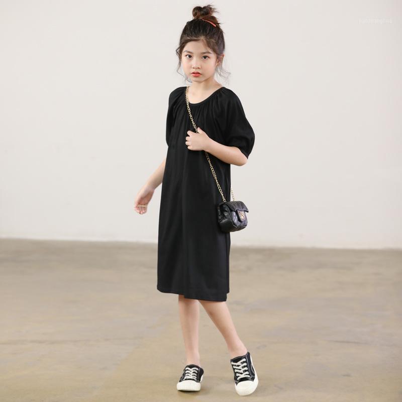 

New Summer Korean Big Girls Leisure Dress Cotton Kids Girls Dresses Fashion Elegant Long Style Dress Children Clothing1, Black