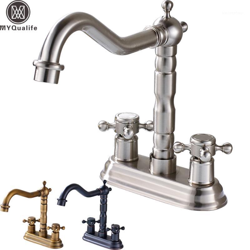 

Deck Mounted Dual Handle Two Holes Bathroom Faucet Brass Swive Long Spout Basin Sink Mixer Taps1