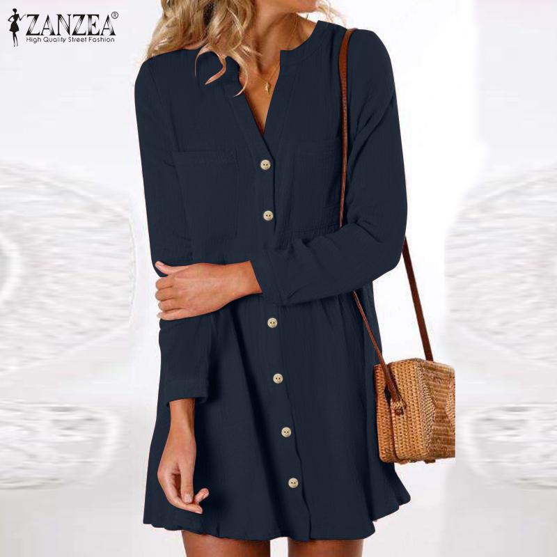 

Plus Size ZANZEA Elegant Women Dress 2021 Casual Pleated Mini Vestidos Autumn Long Sleeve V-neck Single Breasted Robe Femme 5XL, Black