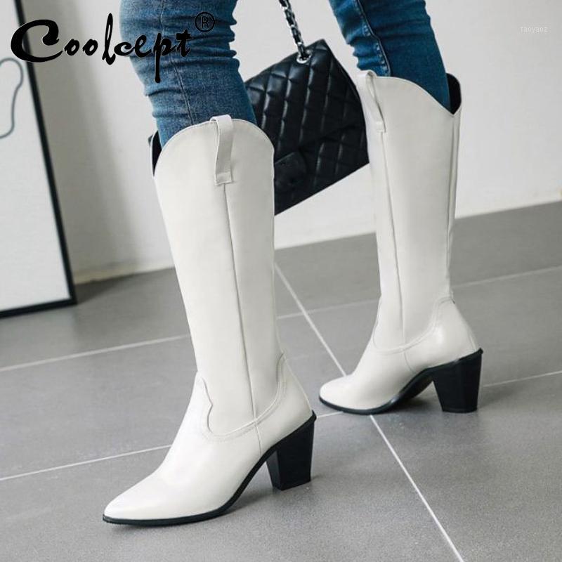 

Coolcept Plus Size 33-46 Ladies Knee High Boots Keep Warm Winter Short Plush Pointed Toe Rough Heel Casual Daily Footwear1, Black