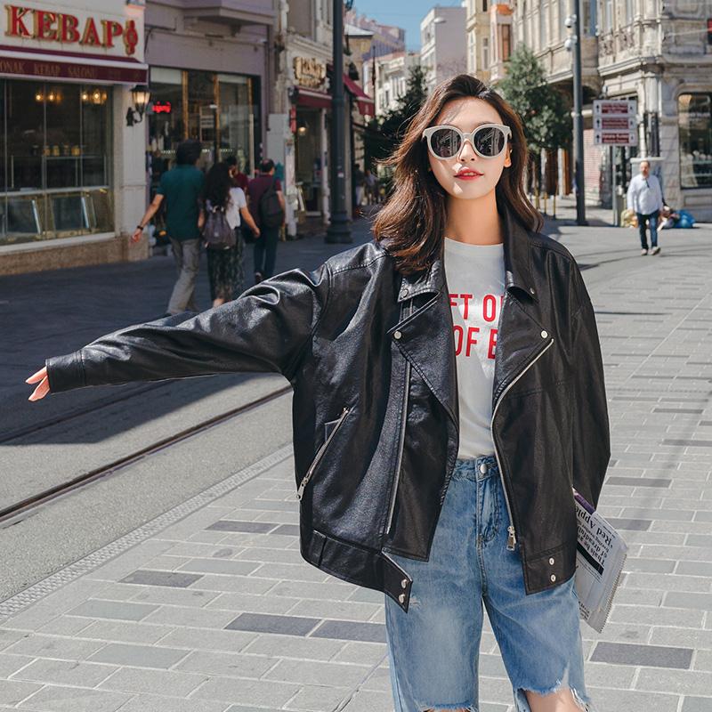 

Korean Fashion Wild Womens Black Coat Loose Comfortable Outwear Super Handsome Ladies Motorcycle Leather Jacket High Quality