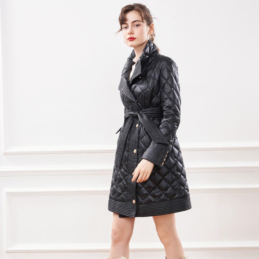 

Female fashion soft jacquard fabric coat bright golden buttons down parkas jacket with f2411 belt, Black