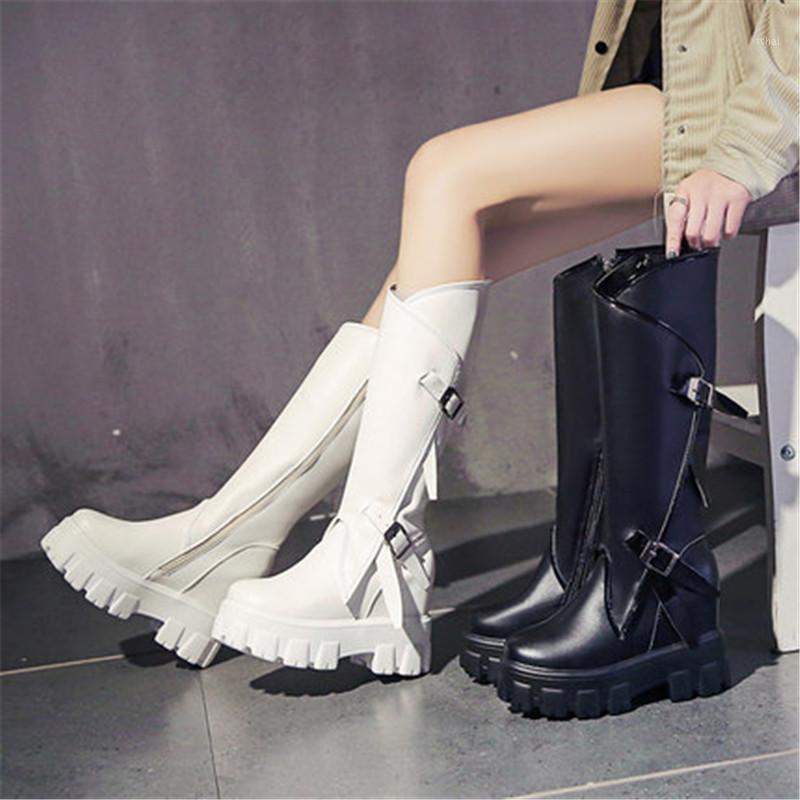 

High Boots Women Autumn Winter Warm Side Zipper Knights' Boots Women Round Toe Chunky Platforms Knee High Eu 34-391, Black