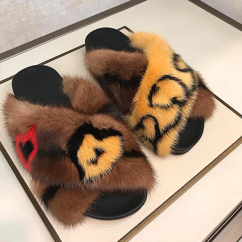 

Hot Sale-2019 Celebrity Fur Slippers Autumn Fashion Outdoor Mules Leopard Mink Fur Slides, As pic