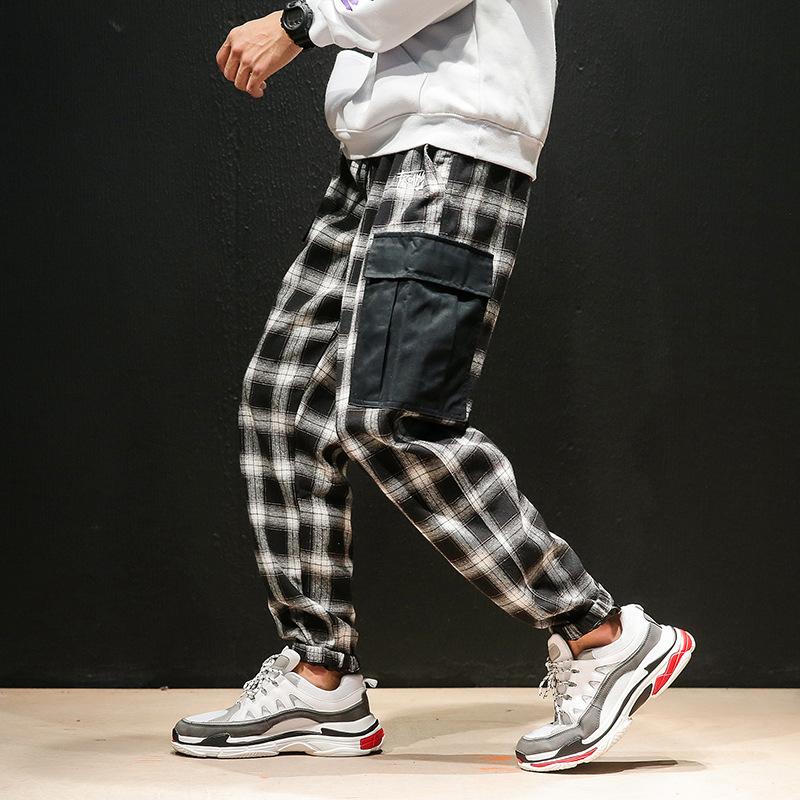 

2021 Plaid Cargo Pants Men Japanese Fashion Autumn Large Casual Plaid Pants Retro Beam Feet Harem Men Jogging 2XL, Black