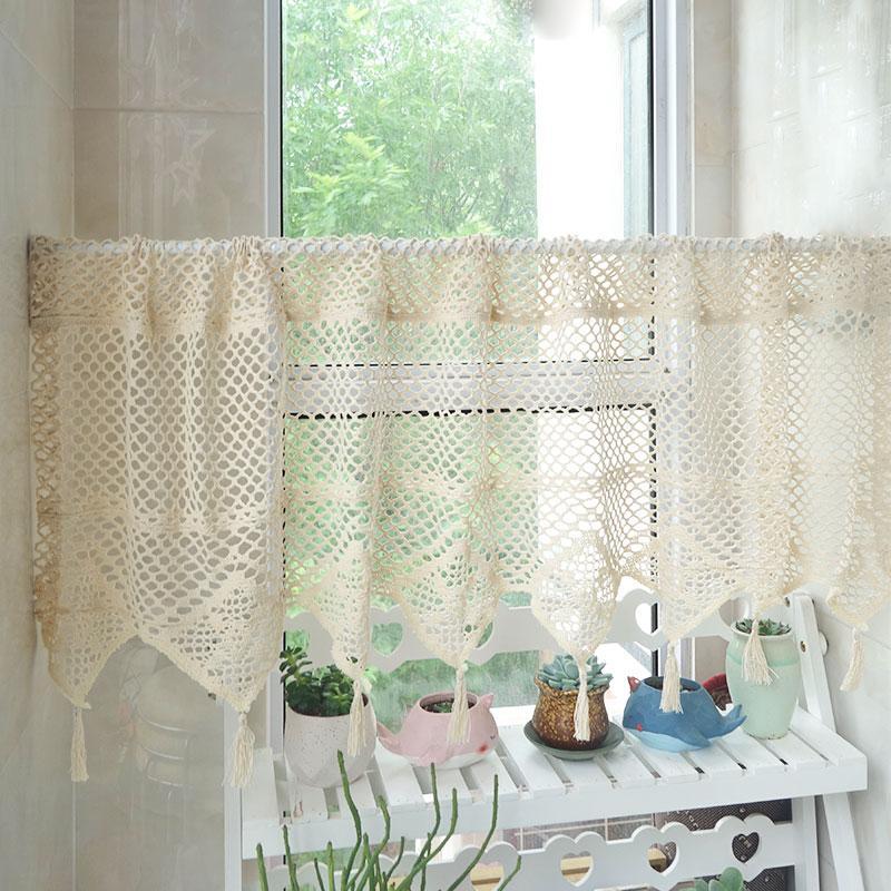 

1pc Home Decor American Style Cotton Linen blending Crocheted Hollow Half Curtain Coffee curtains Small curtain Cabinet1, As pic