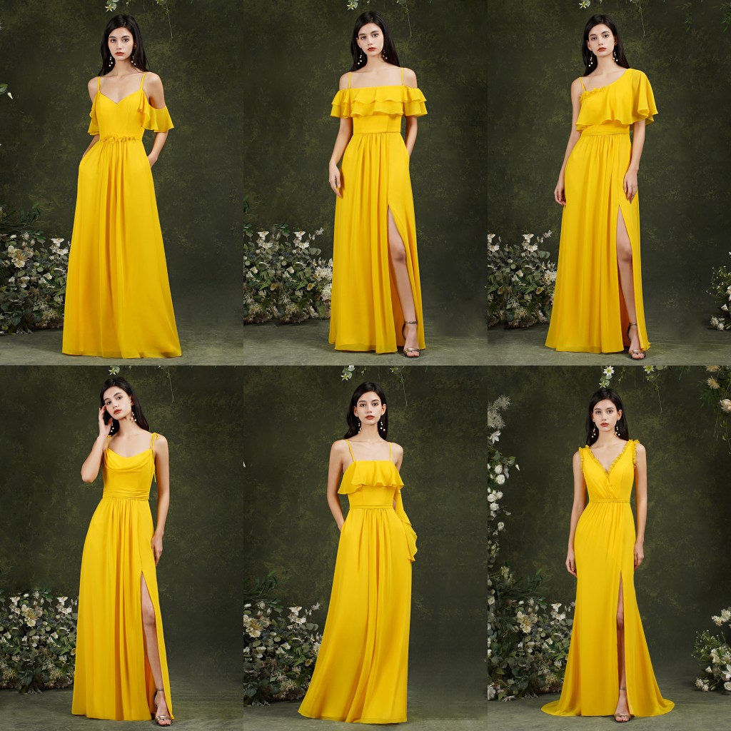 

Mixed Designed Yellow Bridesmaid Dresses For Country Garden Beach Bohemian Wedding Guest maid of Honor Gowns Women party Dress
