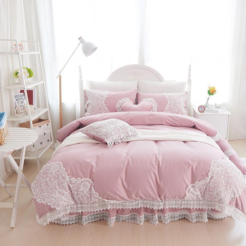 

100% Cotton Soft Bedclothes Princess style Lace Bedding Set King Queen  Size Girls Bed skirt Duvet cover set Pillowcases1