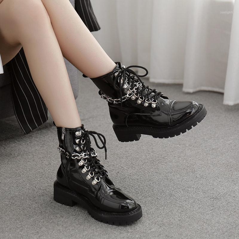 

2020 New Patent Leather Womens Ladies Ankle Boots Mid Heel Lace Up Worker Army Black Goth Shoes Autumn Sexy Chain A1-041