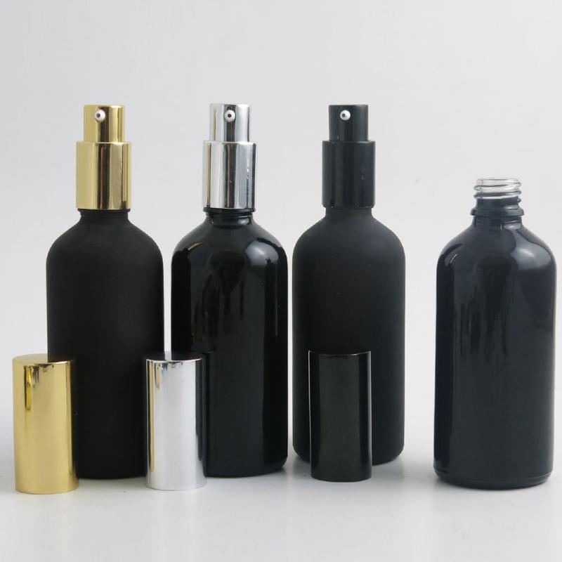 

10 x 100ml Essential Oil Simple Frosted Black Glass Bottle with Electrolytic Aluminum Pump for shampoo Cream Containers