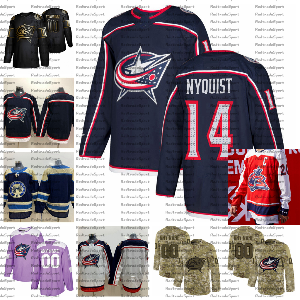 

2021 Reverse Retro Customize #14 Gustav Nyquist Columbus Blue Jackets Jerseys Golden Edition Camo Veterans Day Fights Cancer Hockey Jersey, White