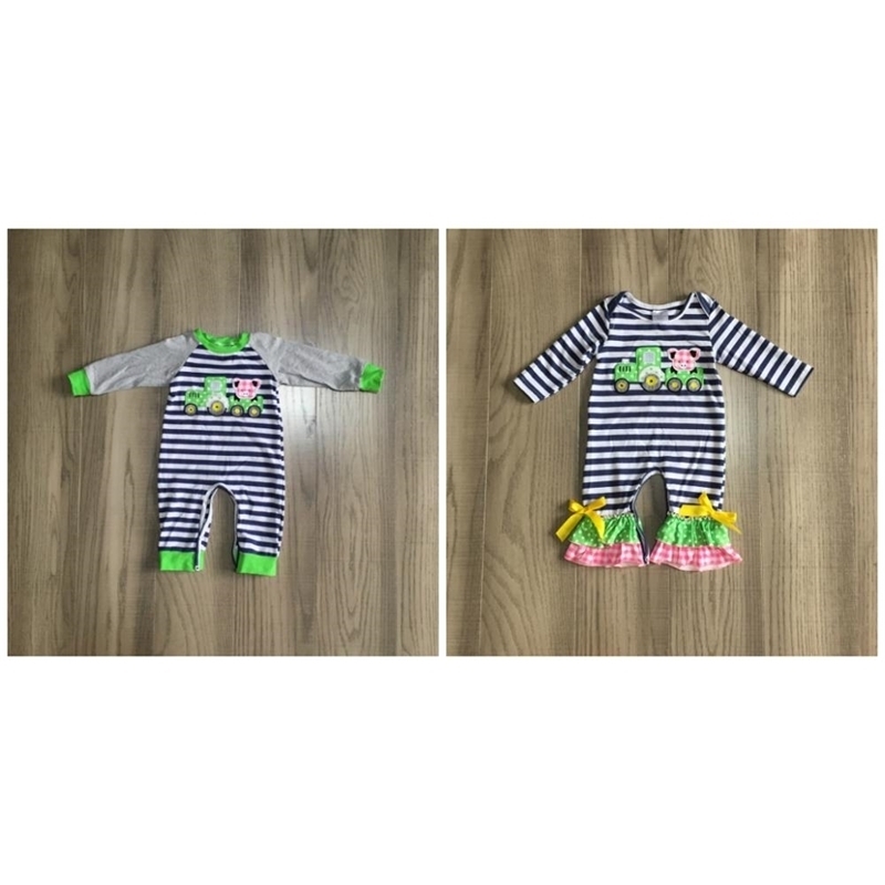 

Girlymax baby boys girls Toddler grey navy stripe truck farm yard clothes infant romper cotton romper long sleeve ruffles 201127, H29qian