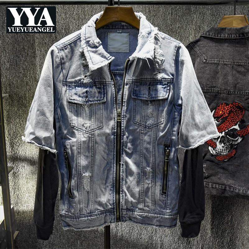

Harajuku Spring Autumn New Fake Two Pieces Mens Denim Jackets Long Sleeve Zipper Lapel Hole Ripped Male Casual Outerwear Coats, Light blue