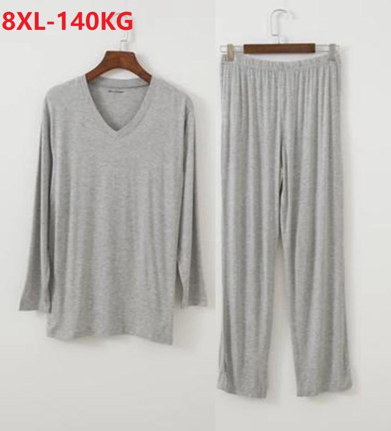 

Men Pajamas Sets V-Neck Modal Long Sleeve Tops & Pants Home wear plus Size 7XL 8XL 140KG Breathable Soft Sleepwear Sets thin 64, Picture color