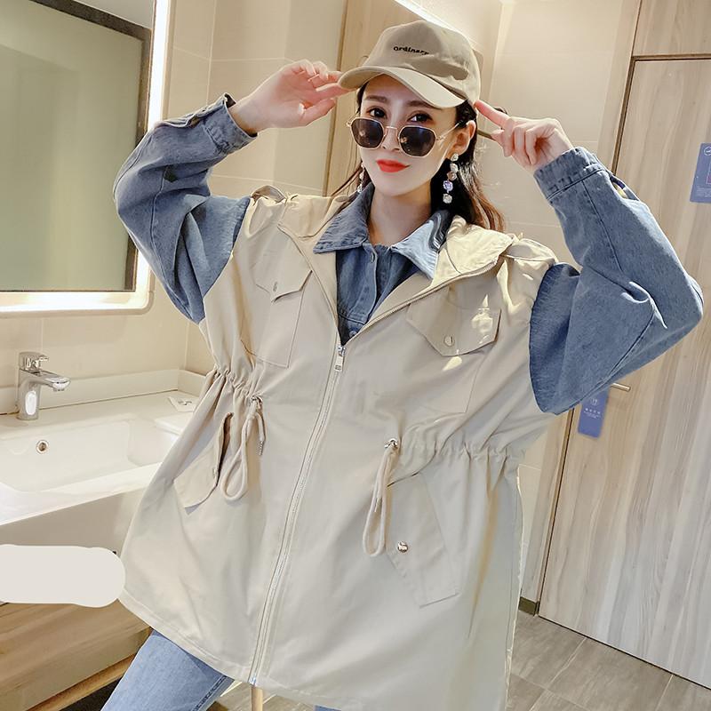 

Vintage Hooded Plus Size Women's Spring Autumn Trench Coats 2020 new Korean Loose Windbreaker Denim Stitching Outerwear M519, Black