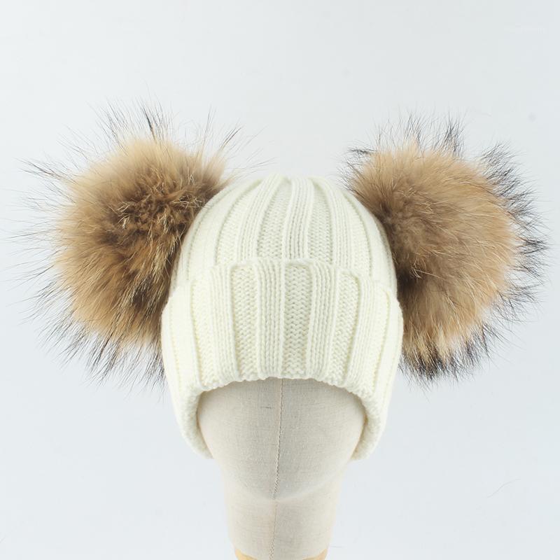

2020 Winter Hat For Kids Real Raccoon Hair Ball Knitted Woolen hats Warm Beanies Double Pompom Baby Girls Boy Children1