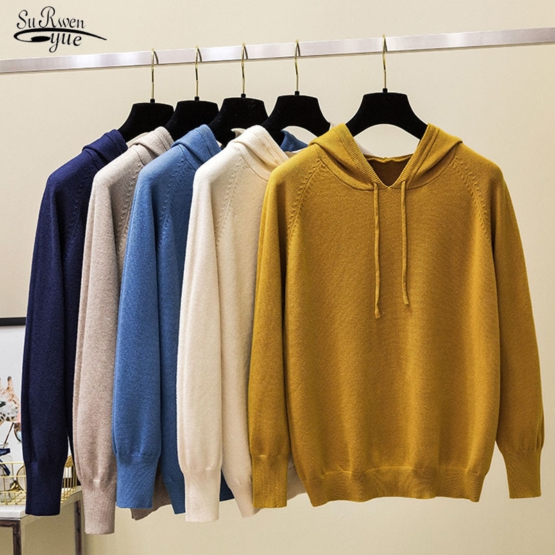 

Women Sweater Knit Jumpers Loose Tops Casual Hooded Sweater Pullovers Spring and Autumn Knitted Sweatshirt Hoodies 11985 201111, Yellow