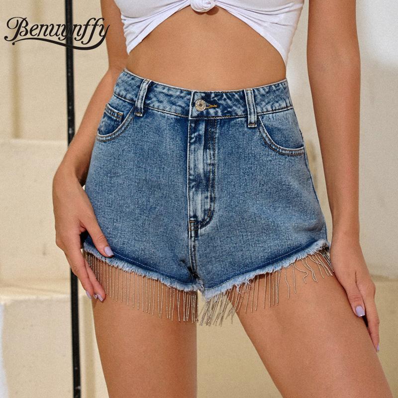 

Benuynffy Fashion Button up Chain Denim Shorts Women Summer New Arrival Ladies High Waist Straight Jean Shorts Streetwear, Blue