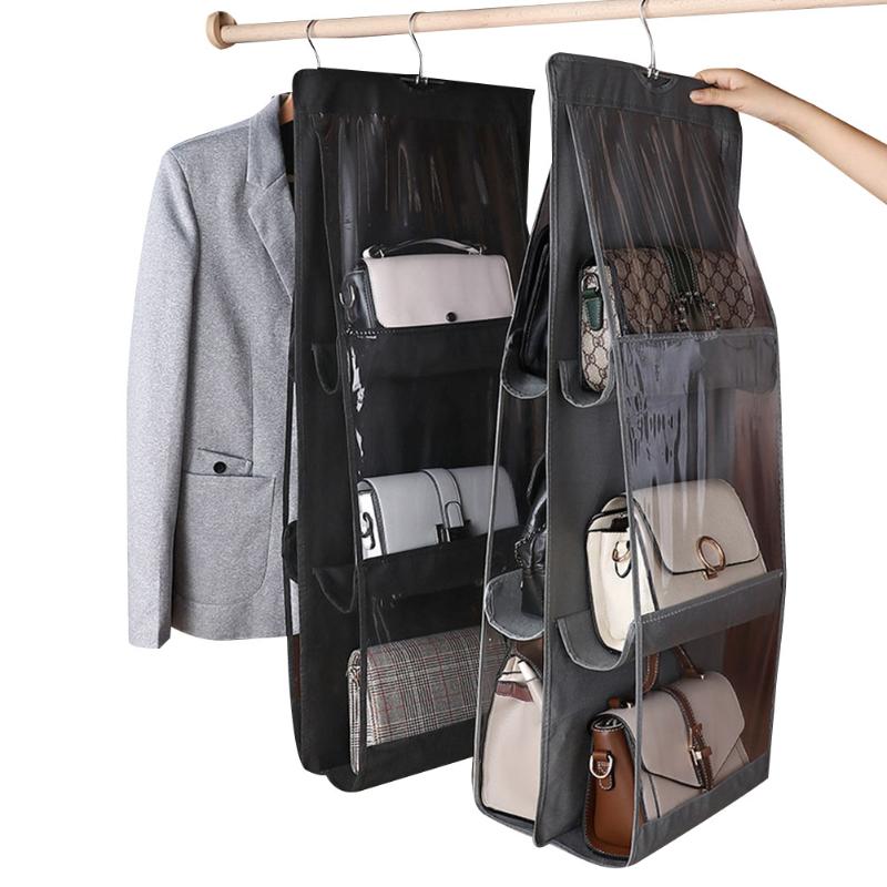 

6 Pockets Clear Hanging Purse Handbag Tote Bag Storage Organizer Closet Rack Bag Saving Space Bags Package Black And White