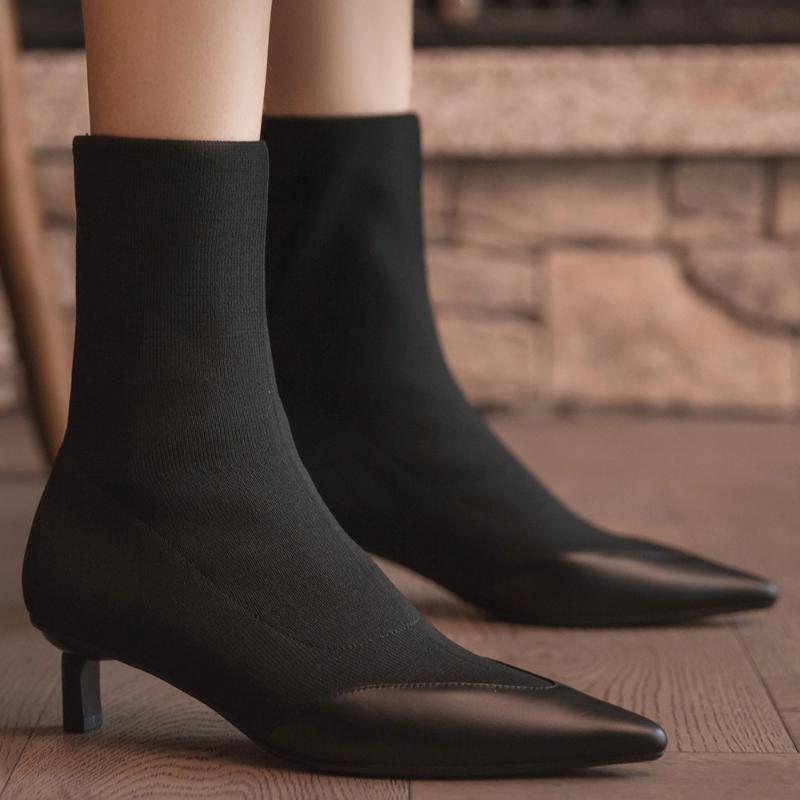 

Women's genuine leather Stretch knit patchwork slip-on thin high heel autumn black slim ankle boots pointed toe ladies shoes hot