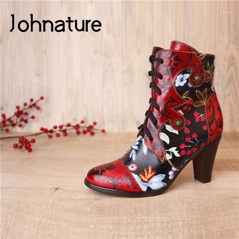 

Johnature Genuine Leather High Heel Boots Hand-painted Round Toe Women Shoes 2020 New Embossing Cross-tied Retro Platform Boots1, Red