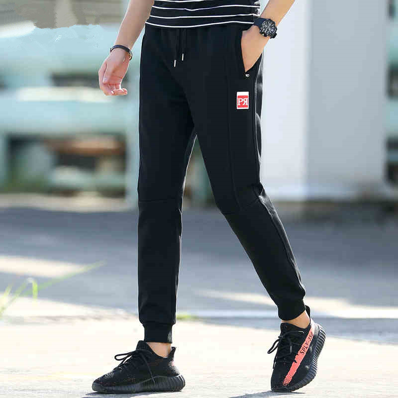

2020 new casual male sweatpants cotton sports clothes stretch splice pencil patches streetwear men corridors pants, Black