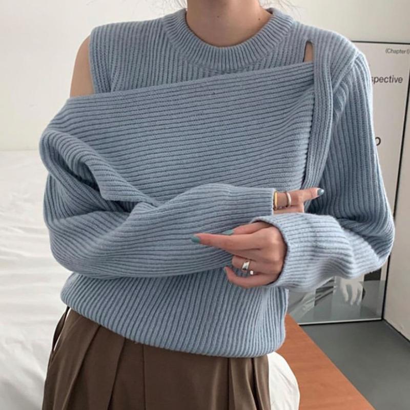 

Sweater Korea Chic Autumn And Winter All-match Blue Round Neck Pullover Cross Strapless Knitted Simple Women 2020 New Style, Orange