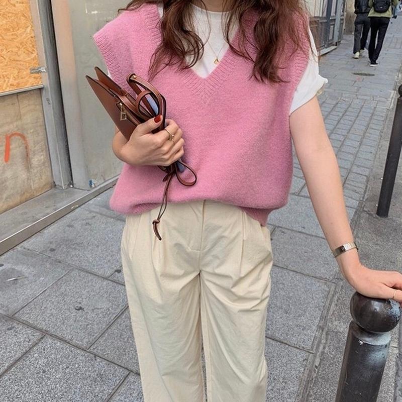 

Autumn winter korean style office lady knitted solid color sleeveless vest sweaters women pullovers pull sans manches femme pink, Khaki