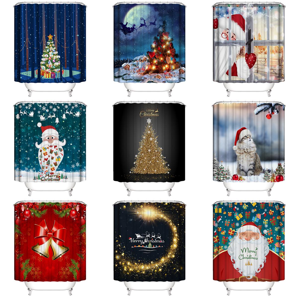 

Christmas Shower Curtain Xmas Snowman Bell Trees Santa Claus Bathroom Shower Curtains Waterproof Polyester Fabric with 12 Hooks