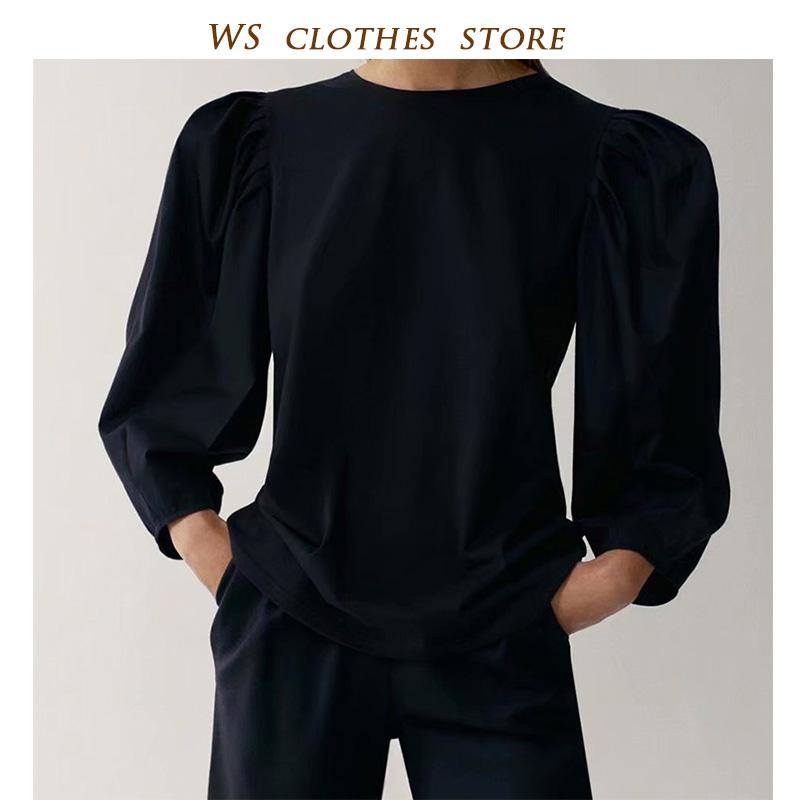 

MD 2021 Spring Fashion Soild Basic Puff Sleeve Shirt Women England Style Black White Simple Cotton Shirt Office Lady Casual Tops