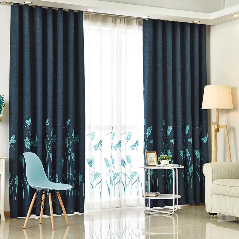 

New Cotton Linen Small Fresh Embroidered Curtains Modern Curtains for Simple Living Room Bedroom Special Window Yarn, Blue tulle