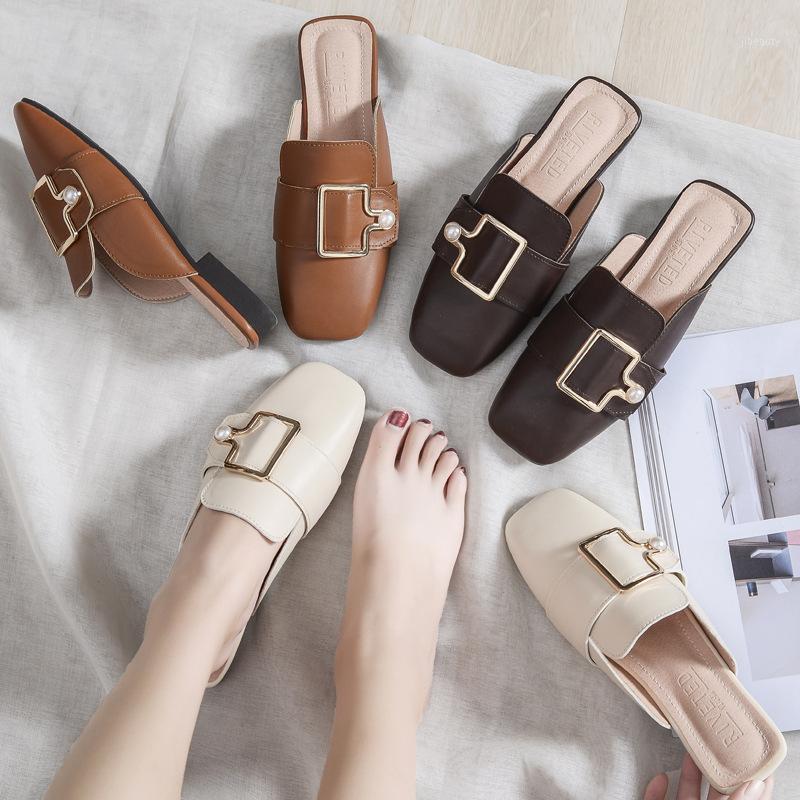 

Geometric Buckle pu leather slippers woman square toe chunky mules shoes women pearl cover toe slides slip on hausschuhe femmes1, Beige