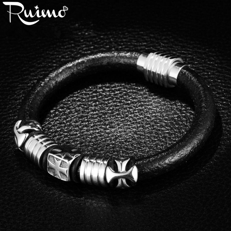 

RUIMO Punk Style Black Leather Rope Bracelet Men 316l Stainless steel Cross Bracelets & Bangles with Magnet Clasp Male Jewelry
