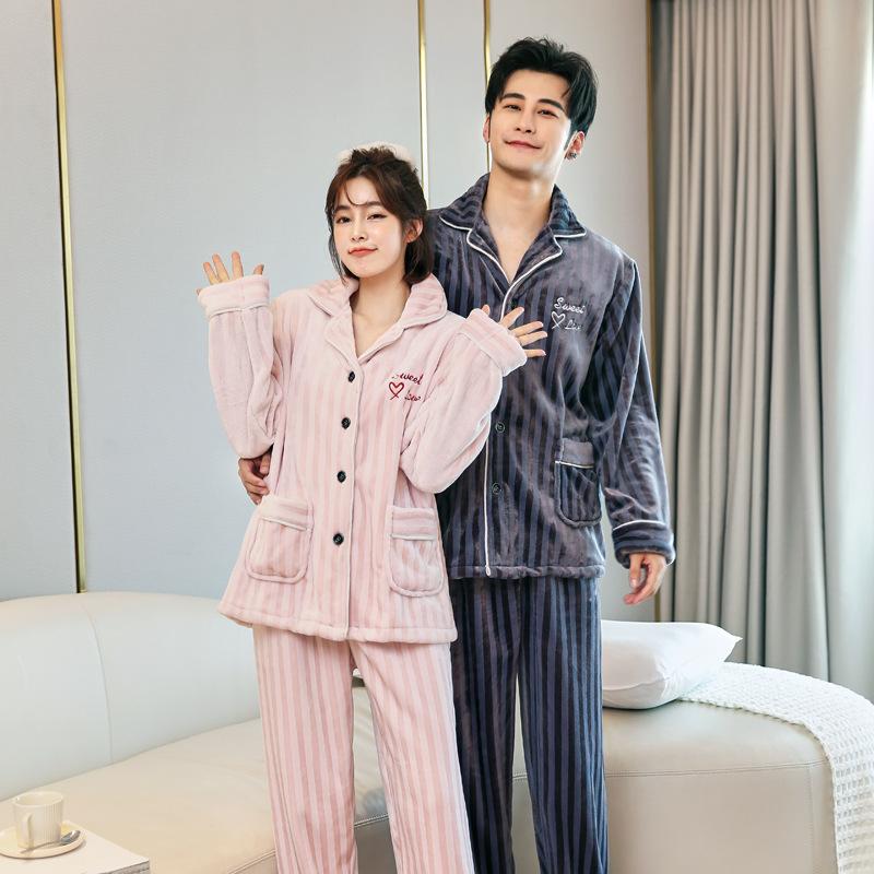

Couple 2PCS Striped Pajamas Set With Pocket Sleepwear Winter Flannel Warm Shirt&Pant Nightwear Casual Letter Print Home Clothes, Blue-men