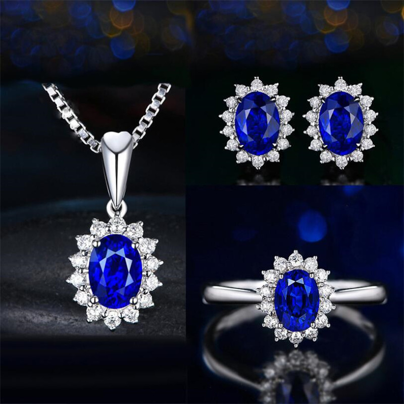 

New Arrival Saprkling Luxury Jewelry Set 925 Sterling Silver Oval Cut Blue Sapphire CZ Diamond Women Wedding Earring Ring Necklace Gift