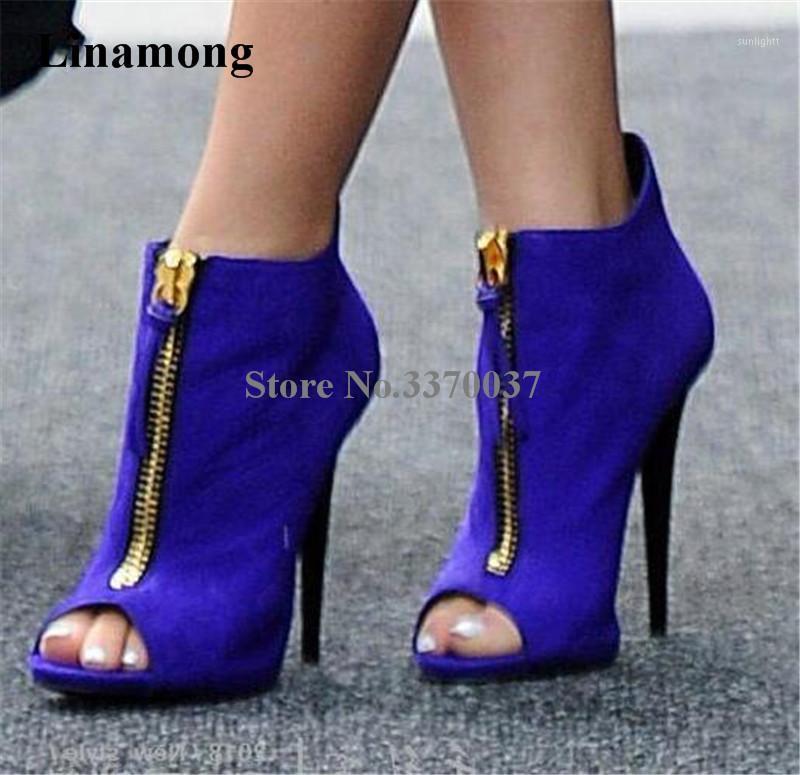 

Brand Design Women Fashion Peep Toe Suede Leather Thin Heel Short Gladiator Boots Front Gold Zipper High Heel Ankle Booties1, Black suede