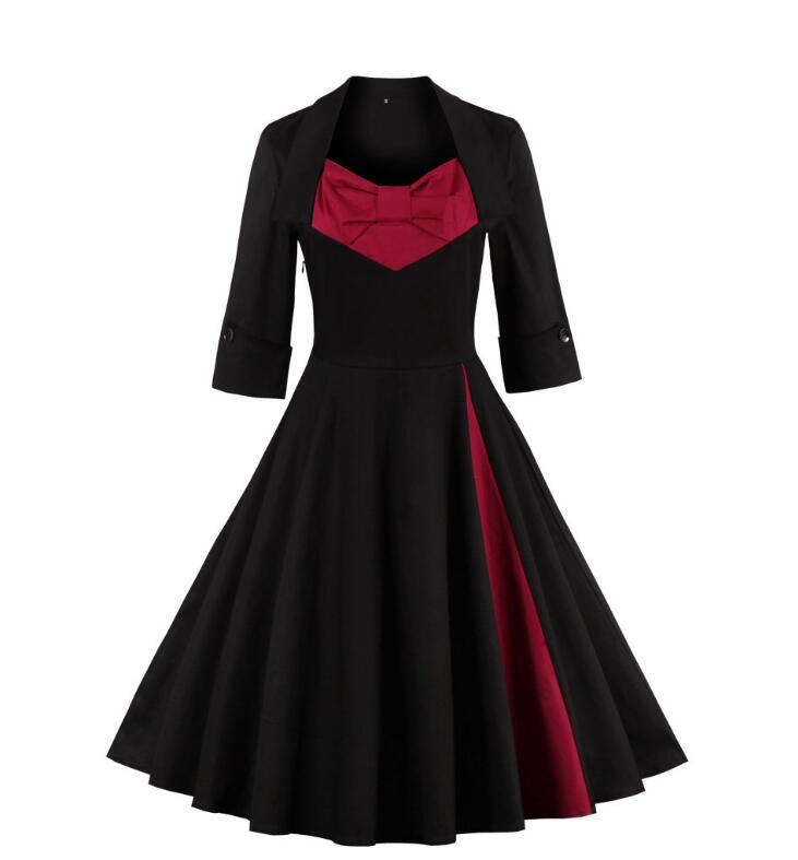 

New Fashion Color Mixed Three Quarter Full Circle High Waist Pin Up Dress 1950s Retro Style Dress, Black