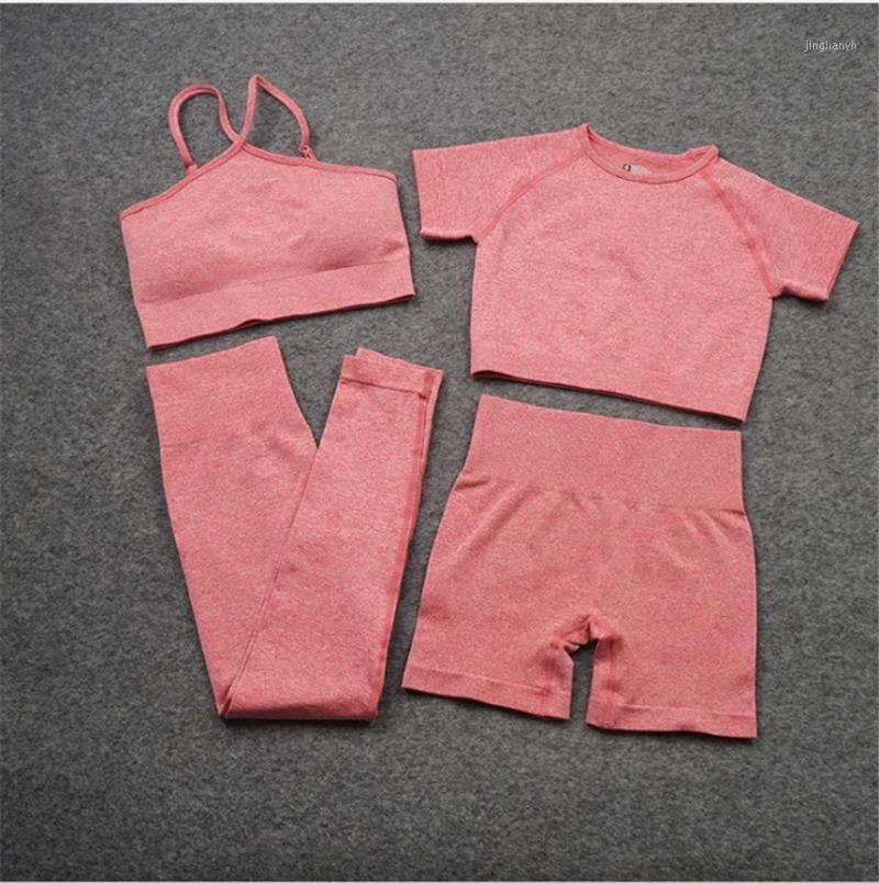 

4pcs Women Seamless Yoga Set Workout Sport Wear Gym Clothing Short/Long Sleeve Top High Waist Leggings yoga Suit cl DS391, Red 4pcs set