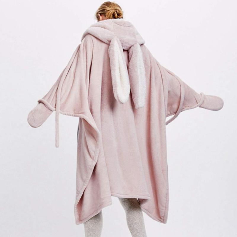 

TMWEVN Cute Ears Blanket, Warm Pink Cloak with Gloves, Coral Velvet Shawl, Suitable for Hotels, Travel
