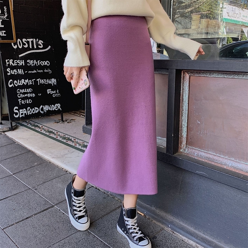 

Spring Autumn Skirts Women Sexy Straight Knitted Long Black Skirt A Line Package Hip Split High Waist Ladies Midi Skirt Y200326, Purple