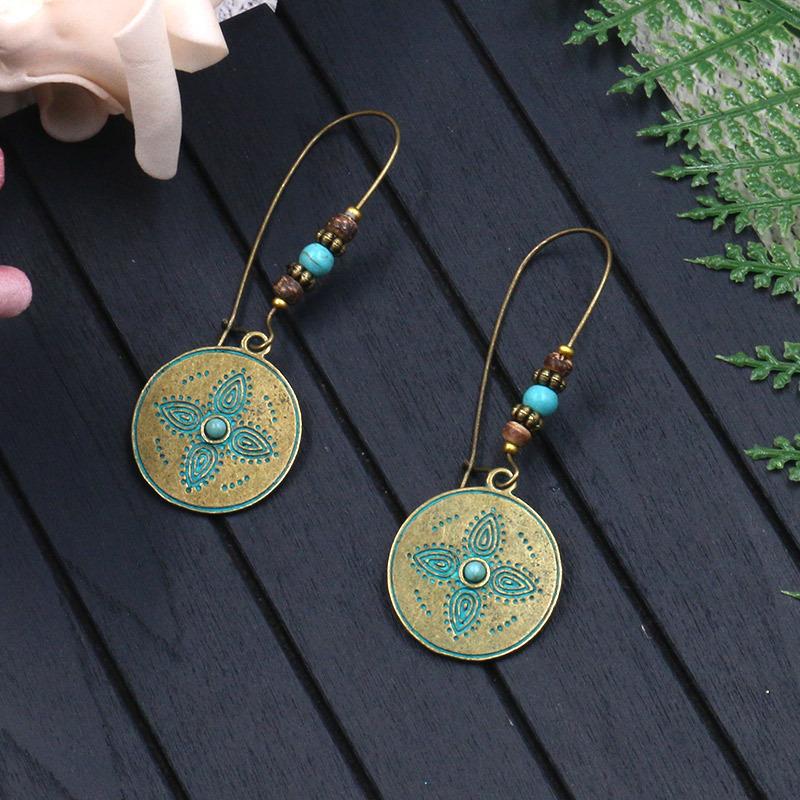

Vintage Flower Beads Hoop Earrings with Pendants for Women Ethnic Bohemia Round Pendant Drop Ear Cuff Earrings Hoop