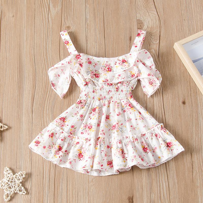 

Toddler Summer Retro Floral Print Dress, Cold Shoulder Butterfly Sleeve Boat Neckline Ruffle Trim Lovely Princess Girl Dress