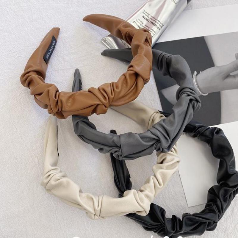 

Korean Style Headband Pu Leather Pleated Headband Korean Girl Temperament Wide Brim, Yellow