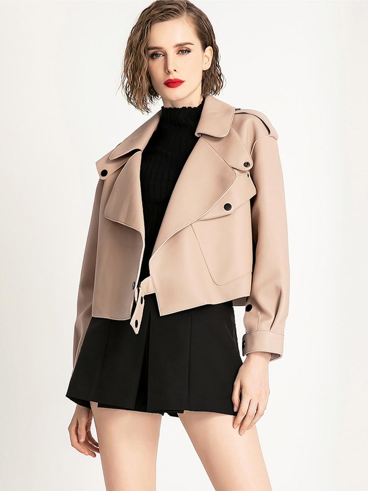 

Ladies British Fashion Street Style Outwear Real Lambskin Oversize Leather Jacket, Beige